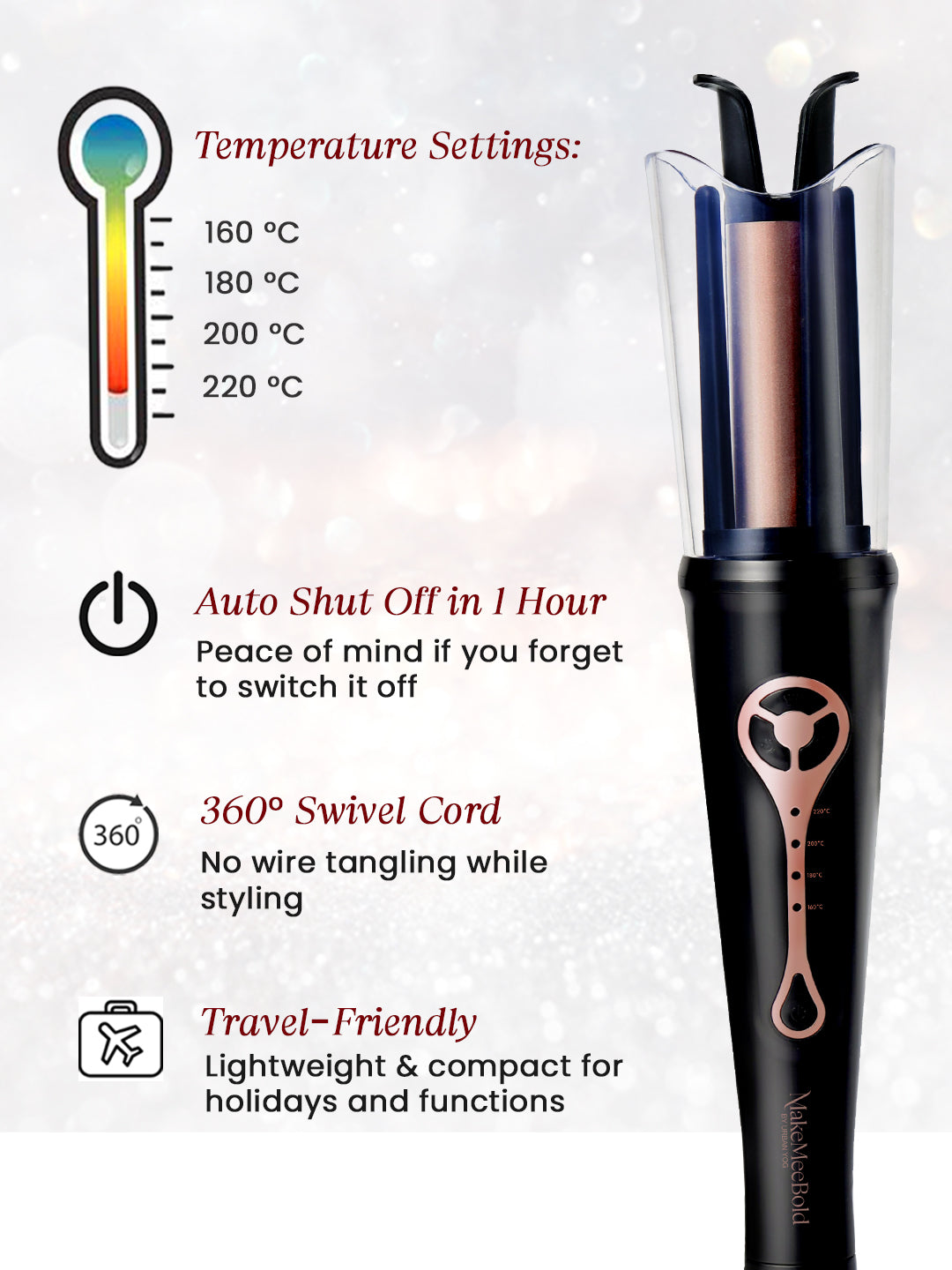 Automatic hair curler temperature settings from 160°C to 220°C