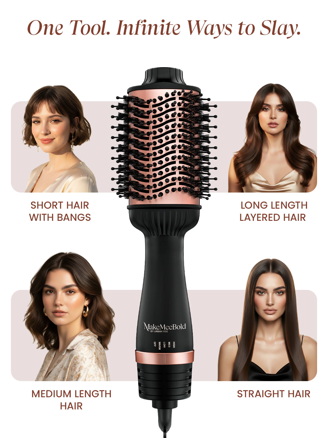 360° swivel cord and hang hook on the MakeMeeBold hot air brush