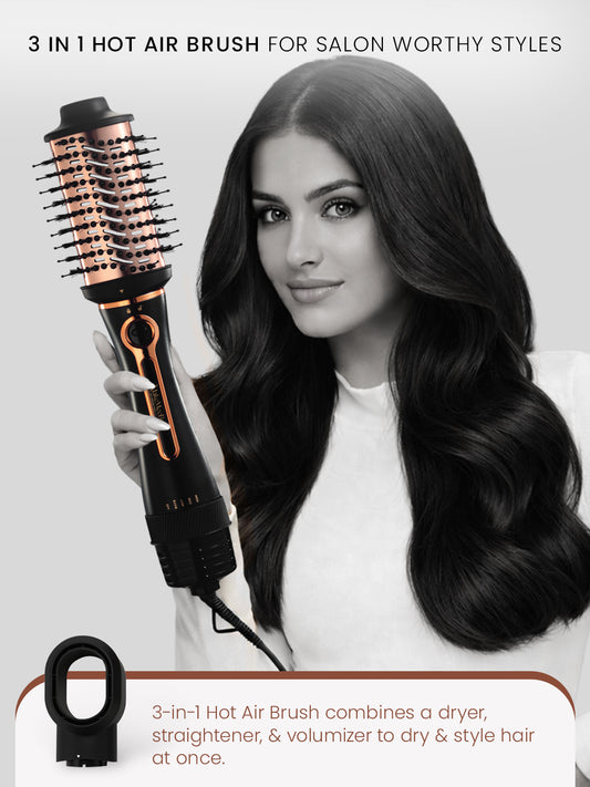 Woman styling smooth voluminous hair with MakeMeeBold hot air brush