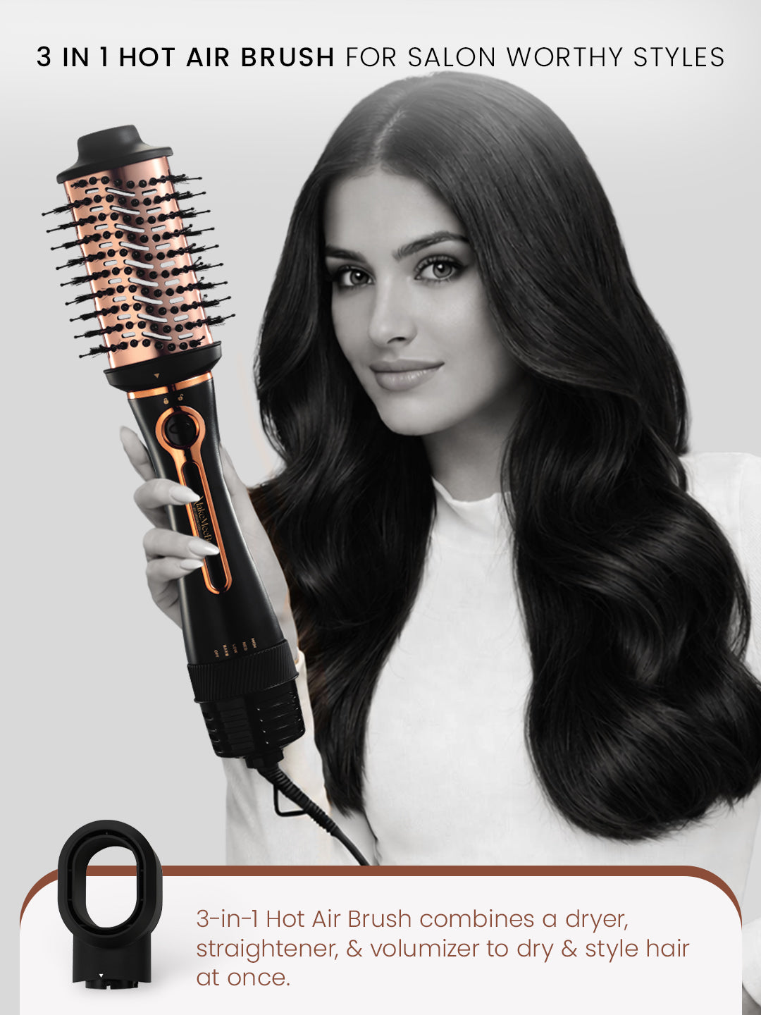 Woman styling smooth voluminous hair with MakeMeeBold hot air brush