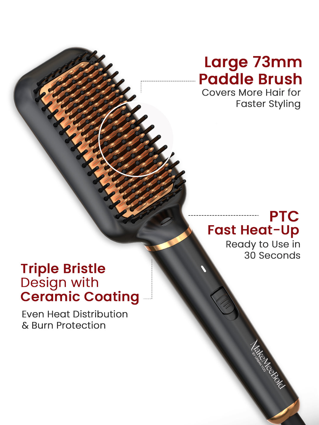 Ceramic-coated triple bristles on the hair straightening brush