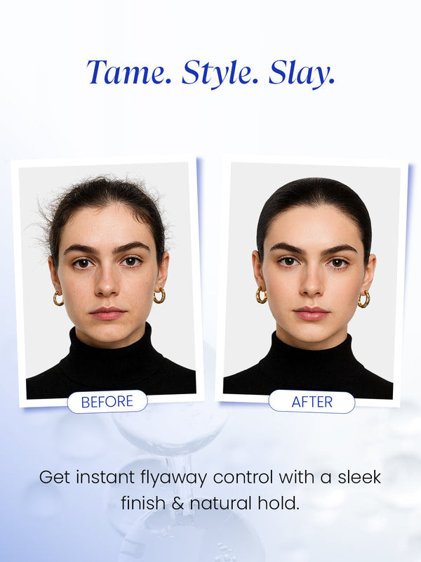 Before and after comparison of hair styling product with text 'Tame. Style. Slay.'