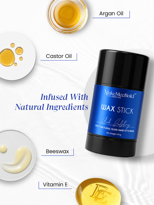 Wax stick with ingredients like argan oil, castor oil, beeswax, and vitamin E on a white background.