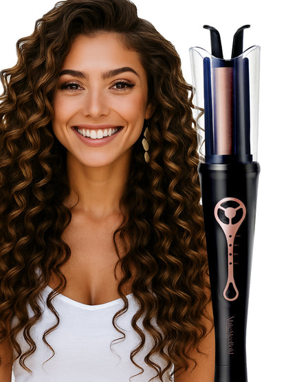 Woman with bouncy curls styled using an automatic hair curler