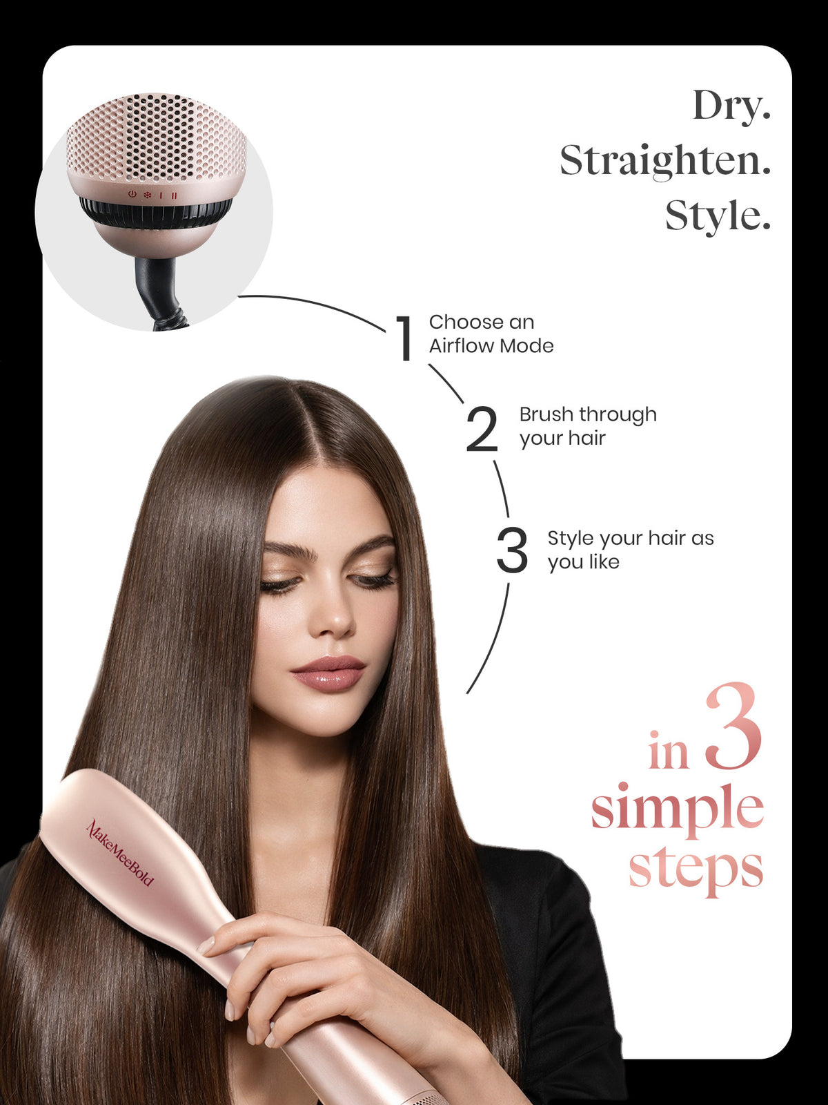 Hair dryer brush with 3 airflow modes for wet and dry styling