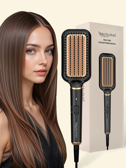 Woman with smooth sleek straight hair using a hair straightening brush