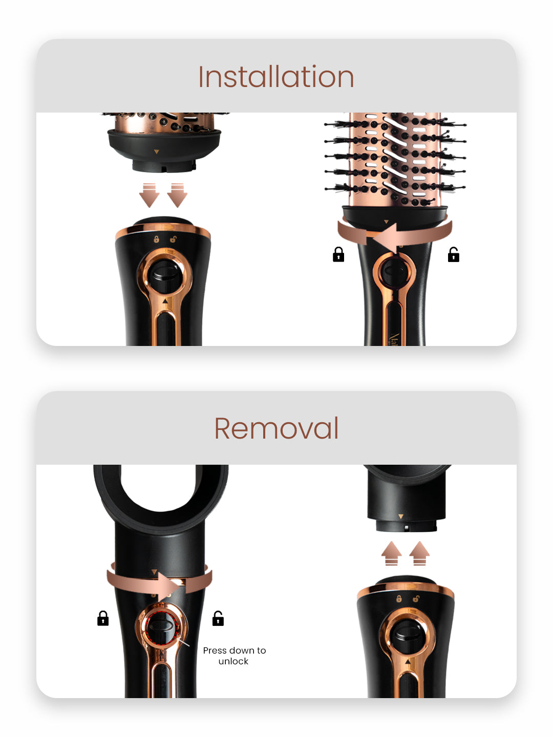 Handle lock to safely change hot air brush attachments